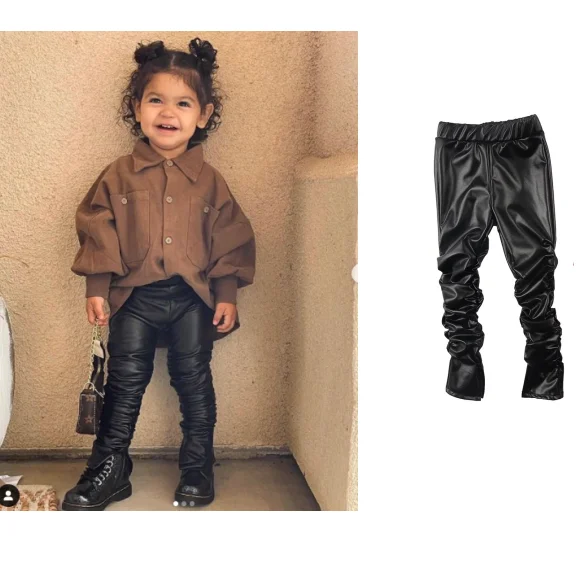 

RD2021 wholesale fashion Children little girls autumn leather Toddler Girls stacking pants can add logo and make to order