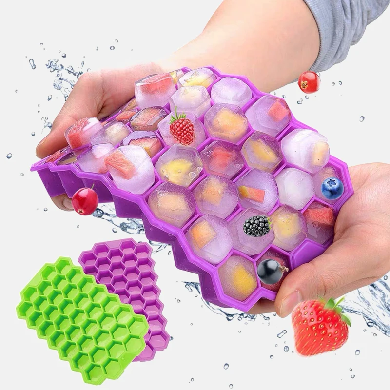 

Factory Direct Wholesale Bpa Free 37 Holes Honeycomb Shape Food Grade Silicone Ice Cube Maker Tray Molds With Lids, Pink, green, blue