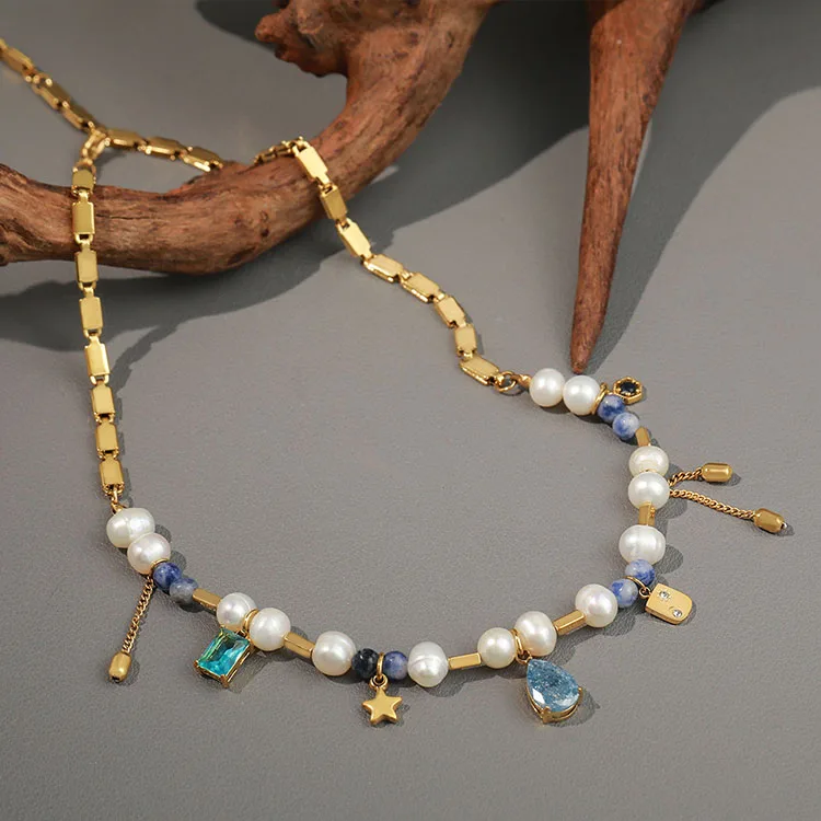 NS1334  Waterproof Non Tarnish 18K Gold Plated Stainless Steel Elements Multi Gemstone Beaded Zircon Stones Drops Pearl Necklace