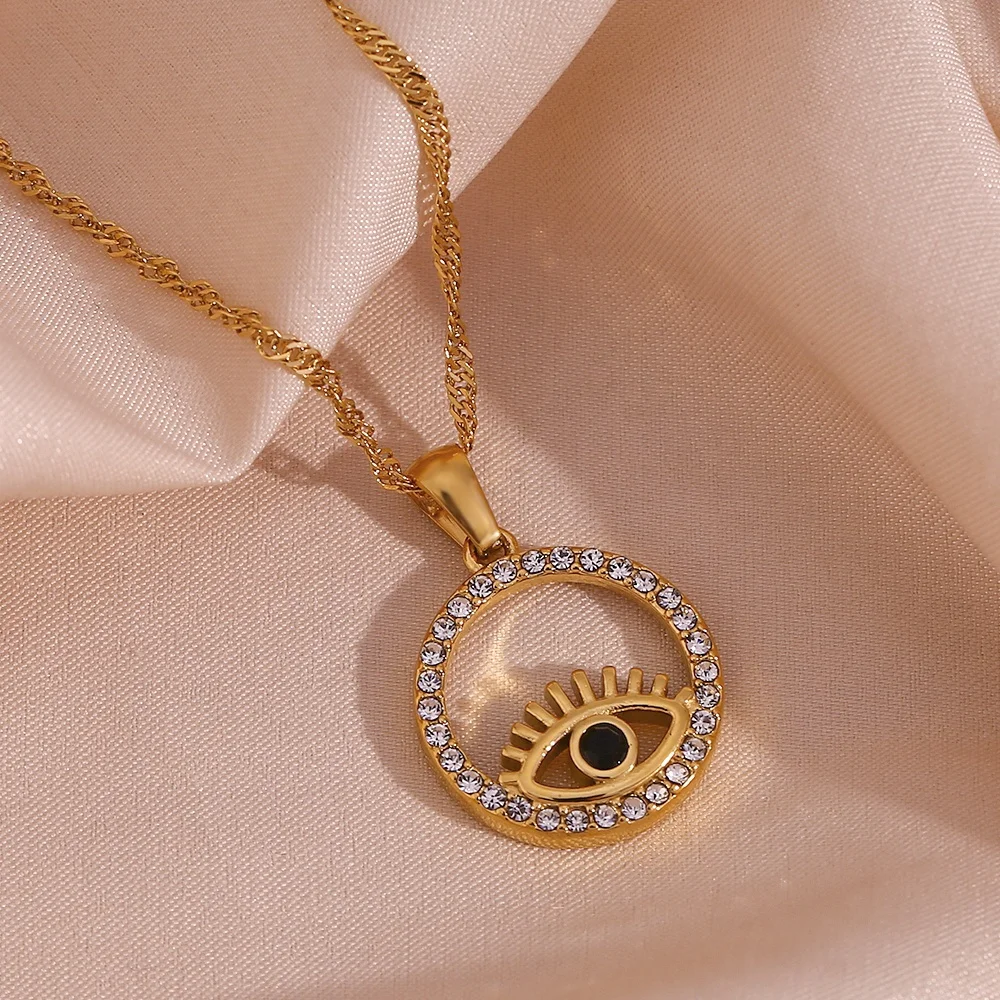 

Valentines Day Gift Hollow Out Zircon Evil Eye Necklace Gold Plated Stainless Steel Statement Necklace