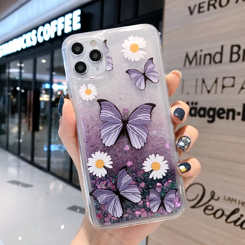 Butterfly Purple Quicksand Glitter Tpu Transparent Mobile Phone Case For Iphone 12 Pro Max 12 Mini 12pro 11 Pro Xs Xr Buy Butterfly Quicksand Liquid Glitter Girls Tpu Phone Case 3d Butterfly