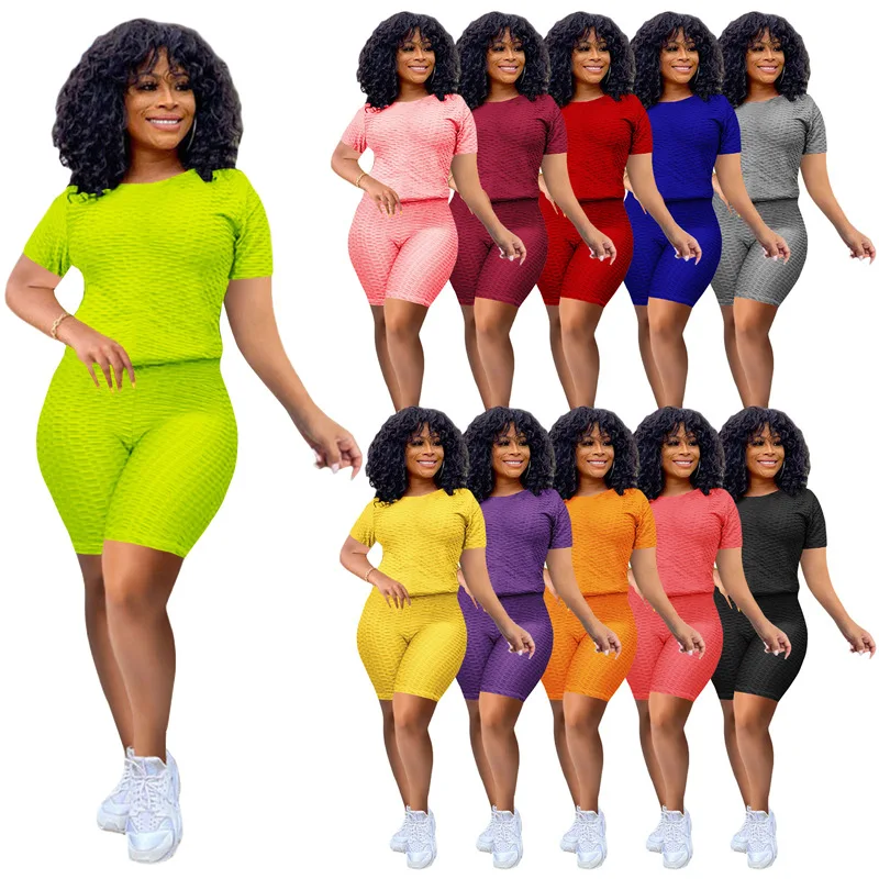 

2021 Outfits Summer Solid Color Short Sleeve Yoga Sport Two Piece Pants Set for Women, Picture