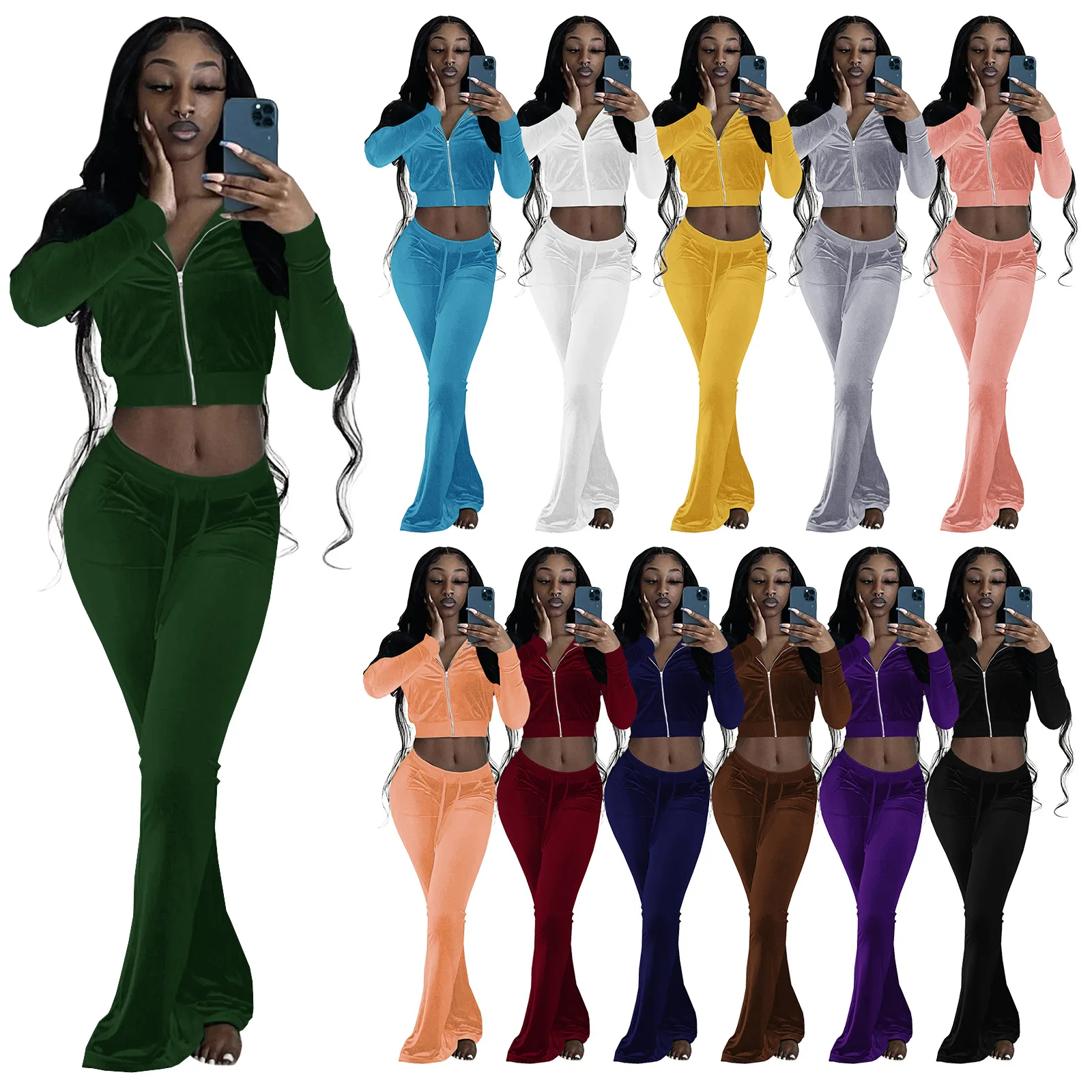 

2022 Spring Fall Women Clothing Crop top Flare Pants 2 Piece Set Sexy Apparel Velvet Sweatsuit Velour Tracksuit women's clothes, Picture color