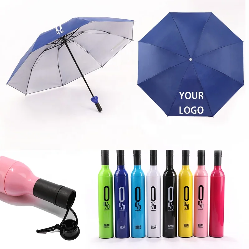 

Promotional Cheap Price Gifts Customized Logo Manual Open UV Travel Rainy Sunny 3 Folding Wine Shape Bottle Umbrella with logo, Customized color