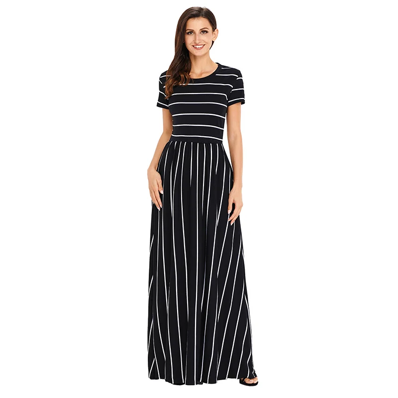 

Wholesale Hot Sale Summer New Striped White Short Sleeve Maxi Dresses Women, Accept customized 2020 maxi dress summer