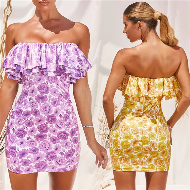 

2021 Summer New Elegant Print Sexy Tube Top Bodycon Dress, Picture showed