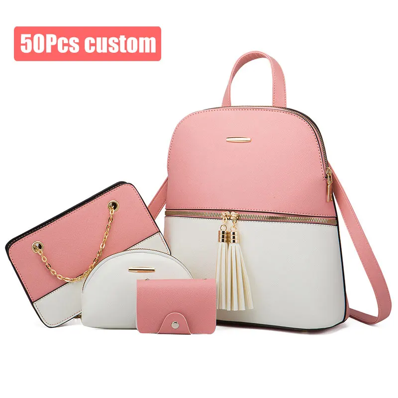 

2021 Wholesale Fashion Luxury Designer Custom Logo Pu Leather Purse Small School Bag Girls 4pcs Back Pack Set Women Backpacks