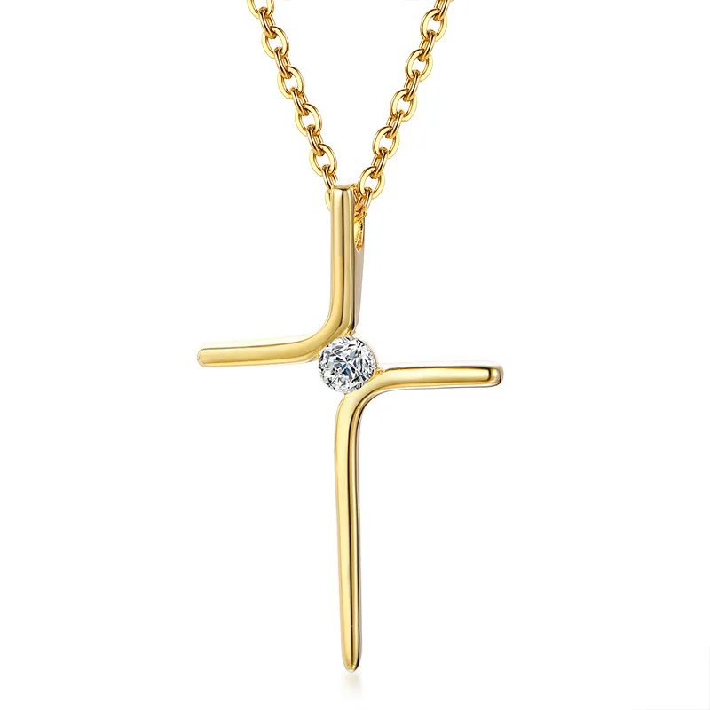 

Minimalist Gold Plated Stainless Steel 3A Zircon CZ Cross Pendant Necklace Zirconia Necklaces