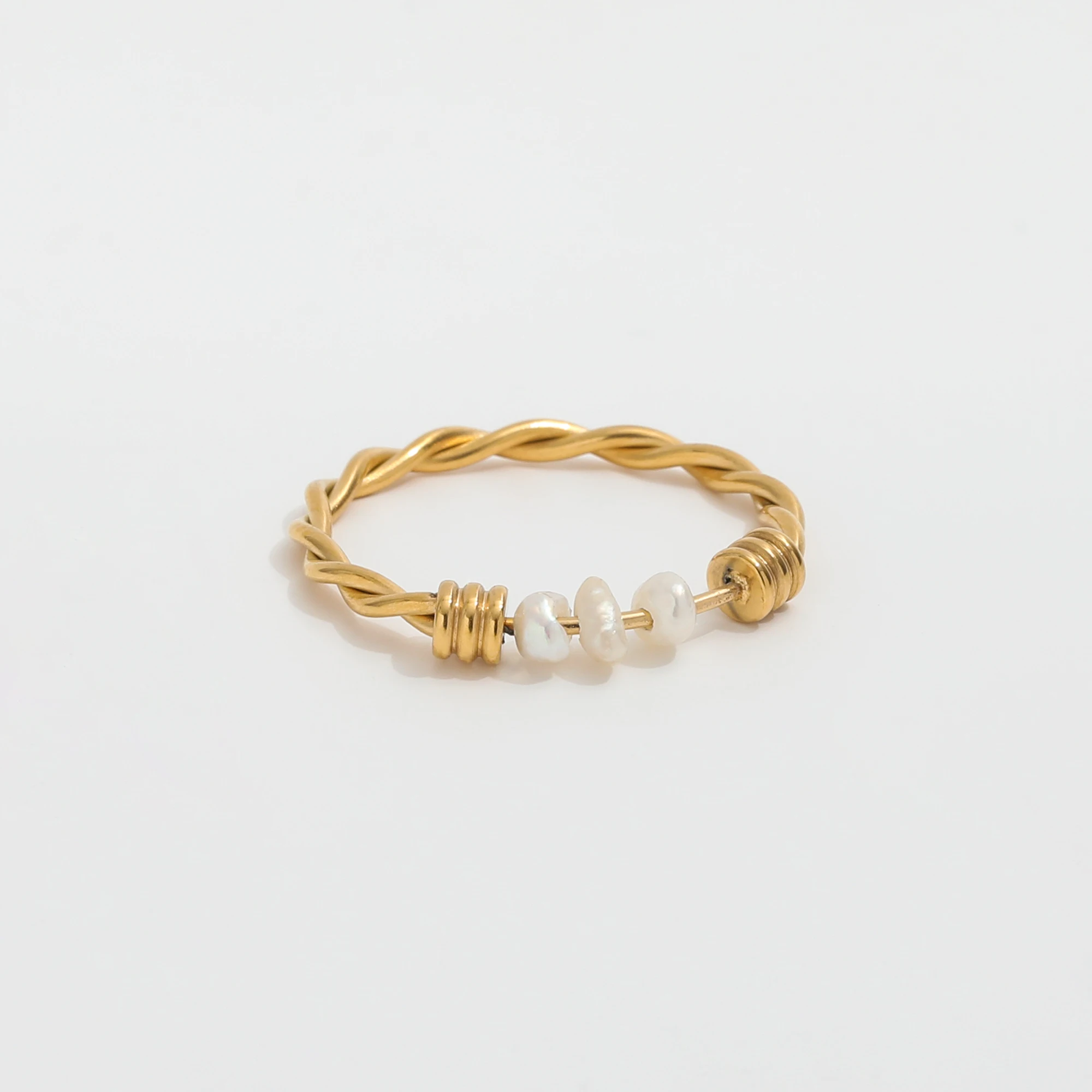 Joolim Jewelry Wholesale 18K Gold Plated Dainty Fresh Water Pearl Rope Stainless Steel Rings for Women Statement Rings