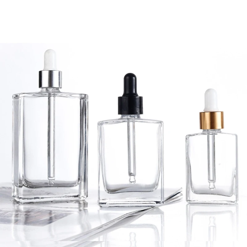 

Oil Glass Bottle Dropper transparent container with Square Shape in 15ml 30ml 50ml 100ml in stock