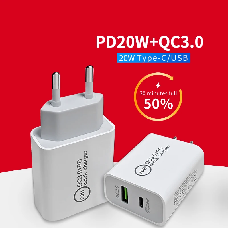 

20W PD+USB QC3.0 Fast Charger AU UK US EU plug Charger USB Home Travel Portable Type-C Wall Charger for iPhone 12, White/ oem color