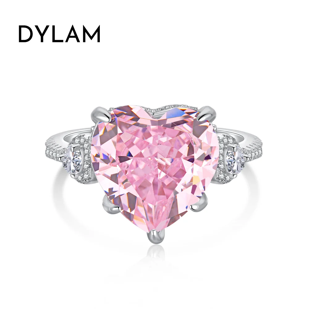 Dylam S925 Silver Birthstone Rings for Women Girls with Pink 6ct Heart Solitaire 8A Zirconia Diamond Halo Eternity Bands Rings