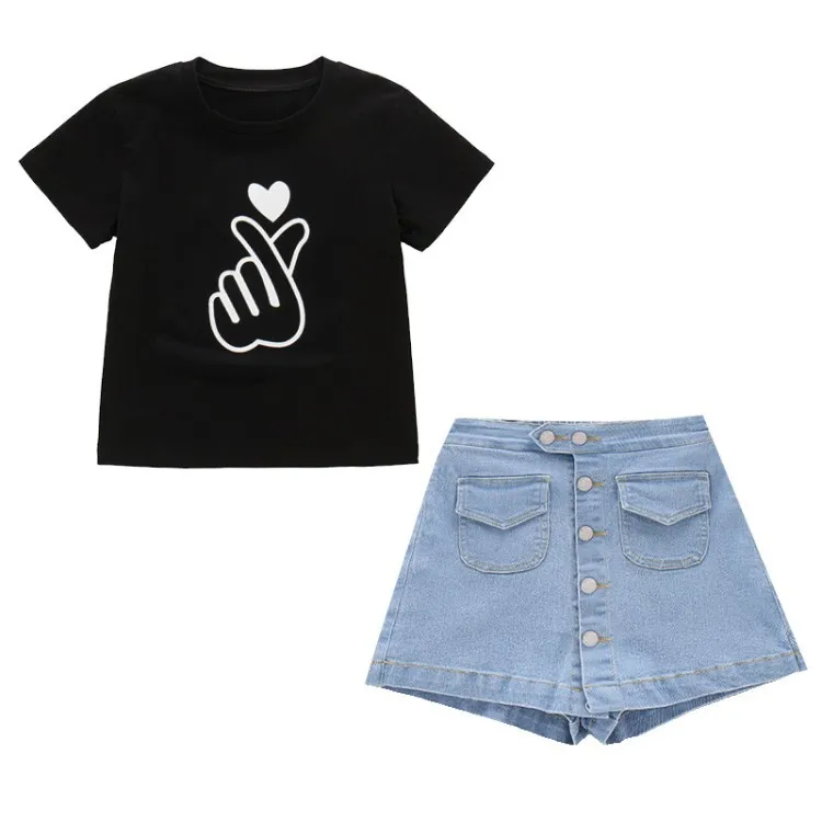 

hot sell girls short sleeve printed shirt and denim skirt two piece set, As picture