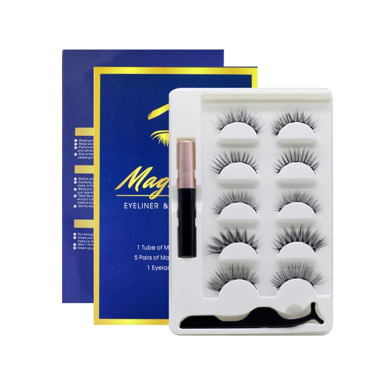 

2021 Newest style 5 magnets magnetic lashes eyeliner 3d Mink or Synthetic wholesale With Tweezers Kit Private Label Packaging