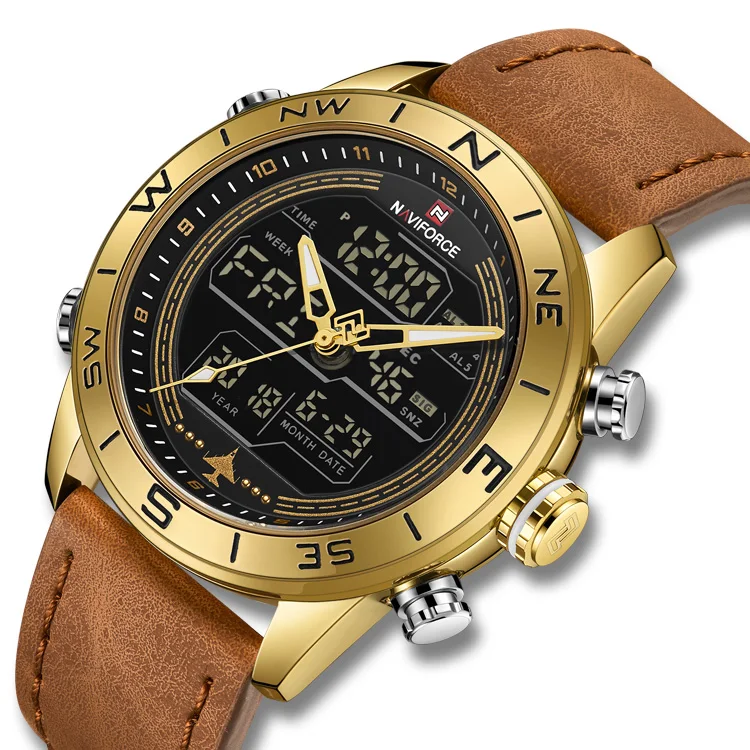 

NAVIFORCE 9144 Fashion Gold Men Sport Watches Mens LED Analog Digital Watch Army Military Leather Quartz Watch Relogio Masculino