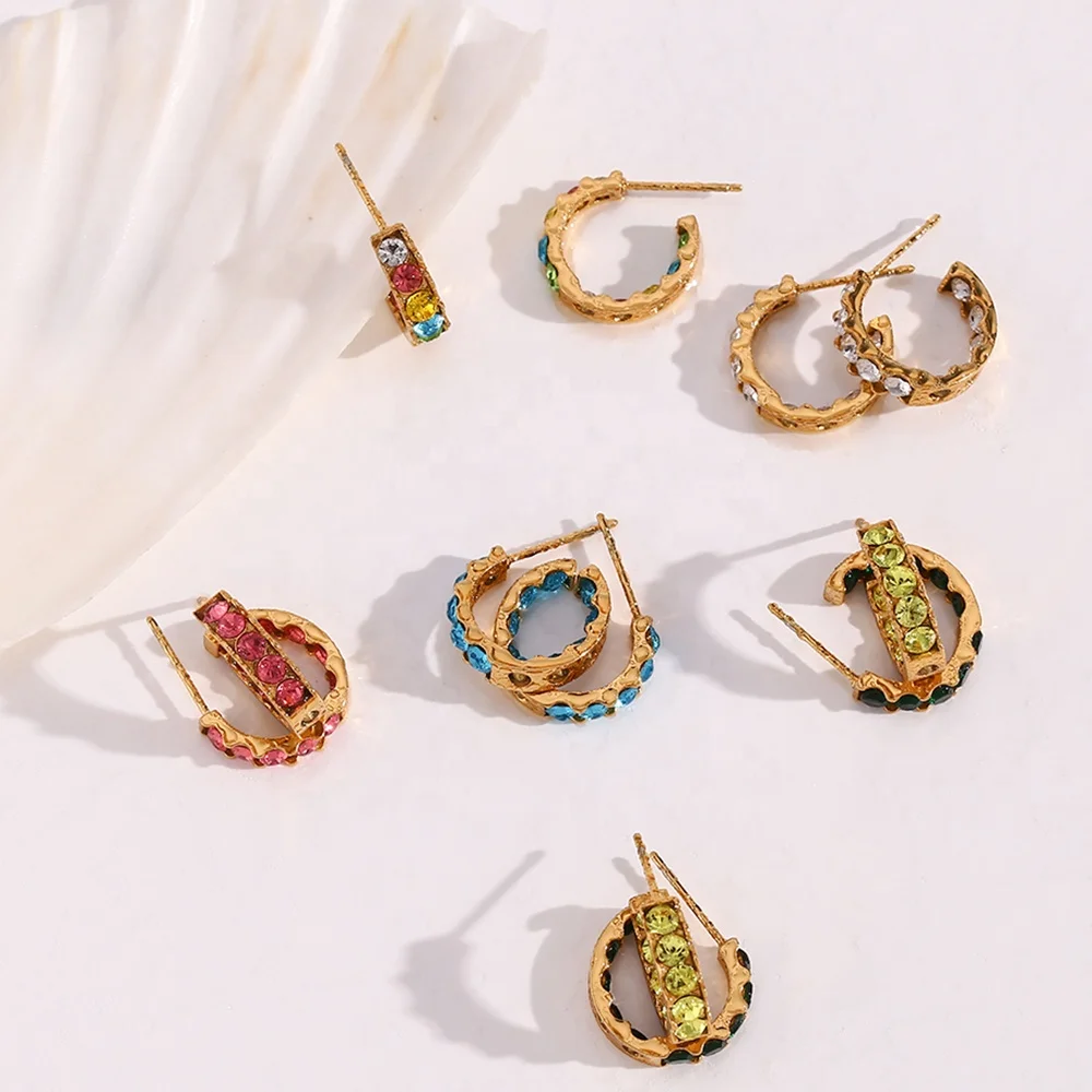 

New Design Water Proof Shining Colorful Zircon Baguette Hoop Earring 18K Gold Plated Stainless Steel Earring Women Jewelry