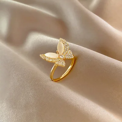 

Ins Simple Design Real Gold Plated Crystal Butterfly Rings White Opal Butterfly Open Rings For Women