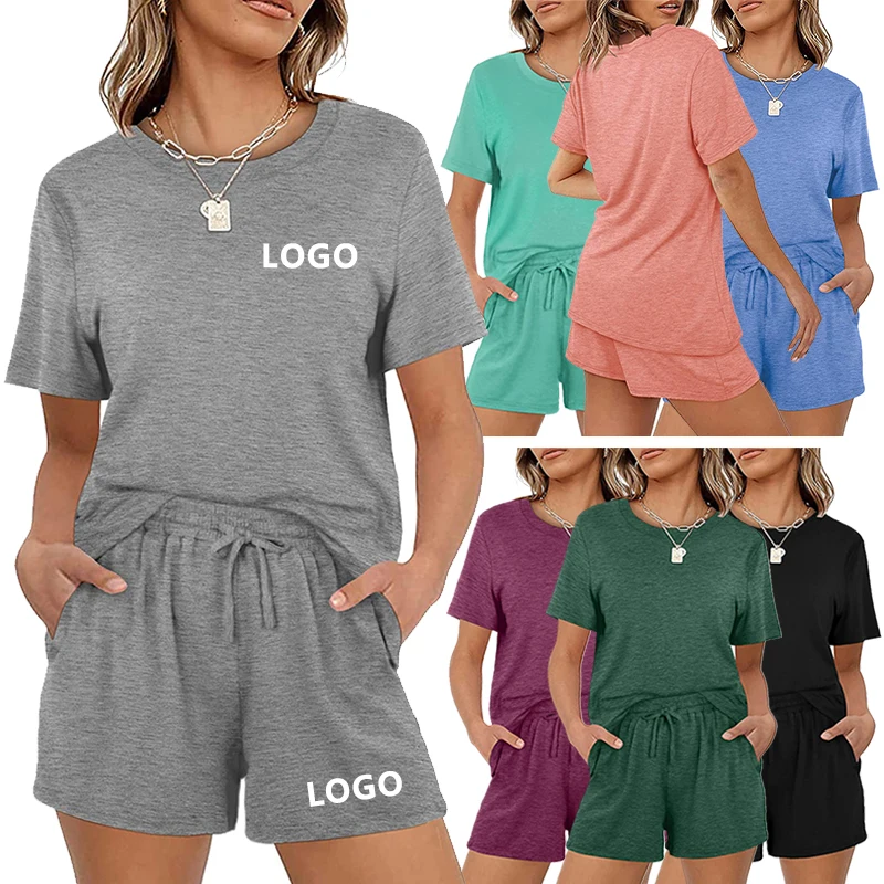 

wholesale printing logo solid summer women t shirt and shorts outfit two piece 2pcs short set with a pocket, 7 colors or oem