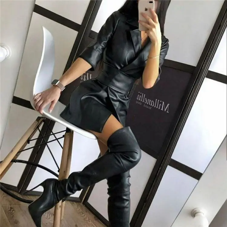 

woman clothes 2021 trending Solid color PU leather suit collar medium long sleeves with belt dresses