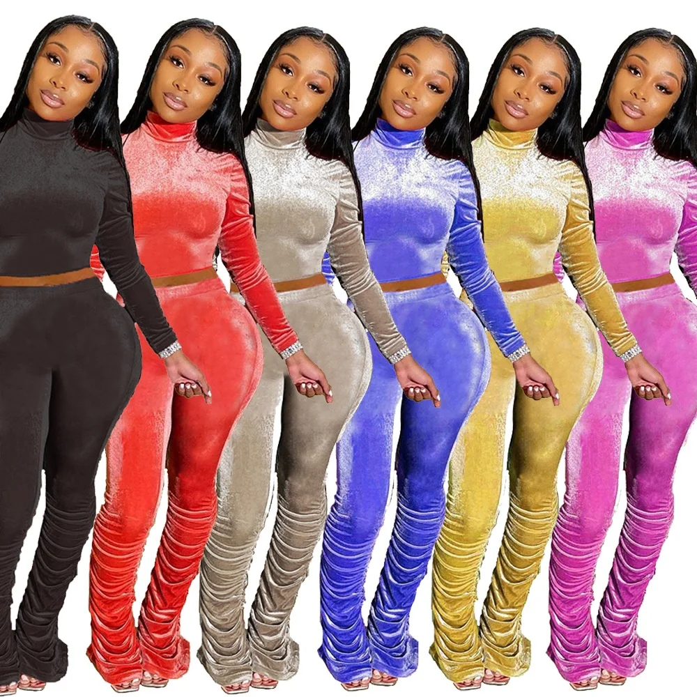 

2020 Fall New Arrival Long Sleeve Velvet Two Piece Pants Set For Women Stacked Trousers and Turtleneck Tops