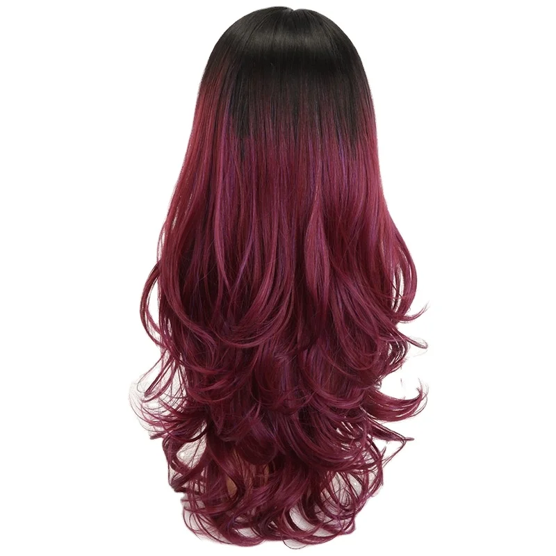 

European and American wig headgear burgundy gradient long curly hair high temperature silk female fashion wig