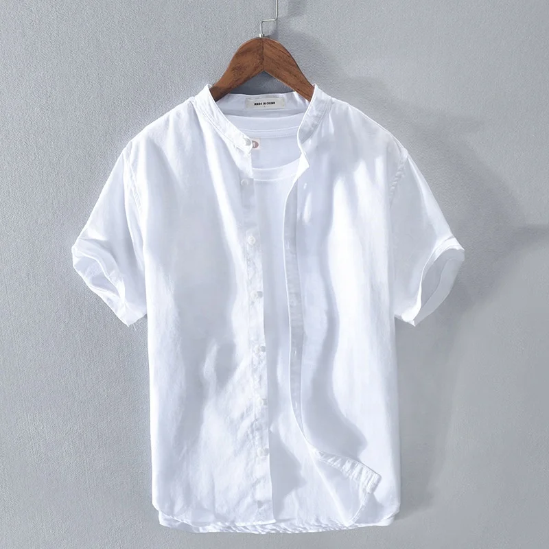 

Summer cotton and linen stand collar short-sleeved solid color shirt Japanese casual simple linen shirt