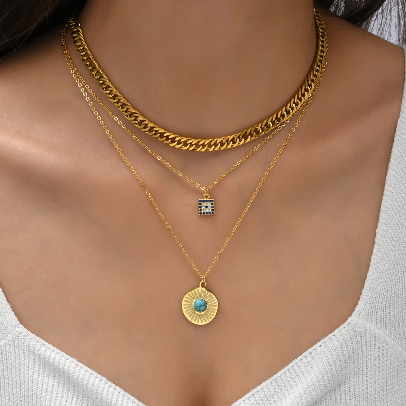 

Fashion Multi Layered Blue Zircon Square Evil Eyes Necklace 18K Gold Plated Curb Chain Round Coin Pendant Necklace