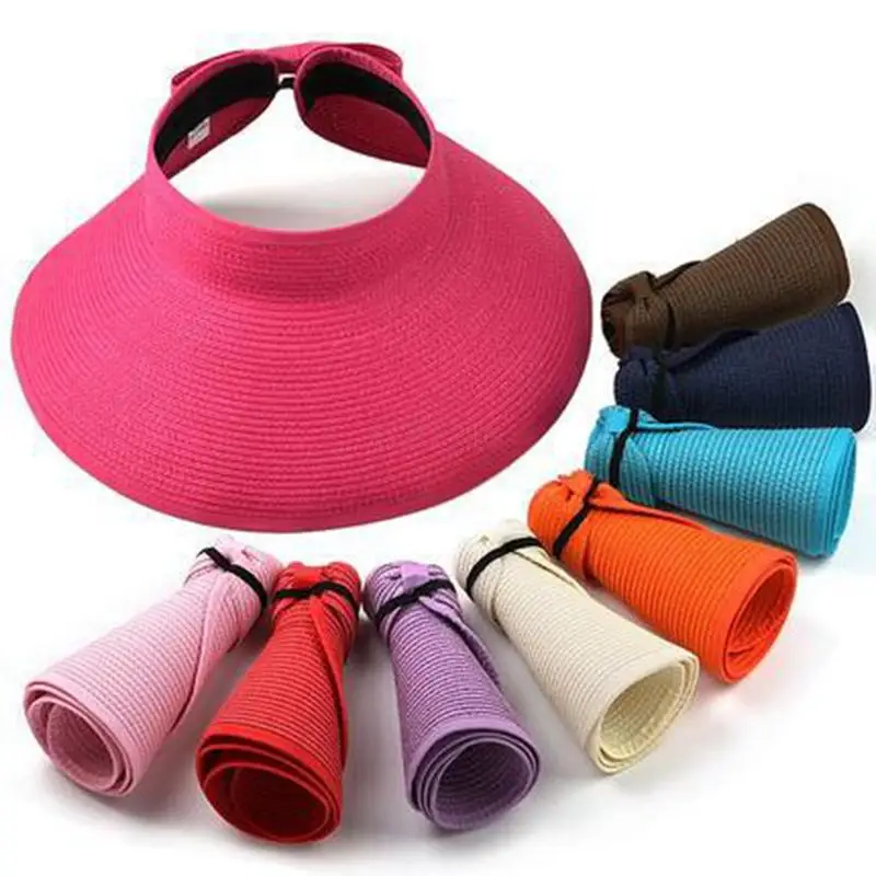 

Q412 Women Large Floppy Visor Hat Fold able Straw Wide Brim Hat Summer Beach Bow knot Lady Sunscreen Roll Up Straw Hats
