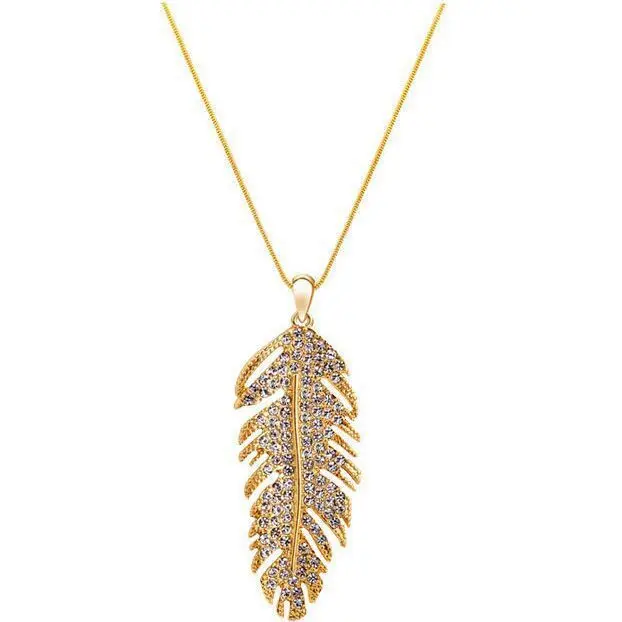 

Gold Chain Fashion Crystal Love Wings Bohemian Feather Leaf Pendant Necklace for Women