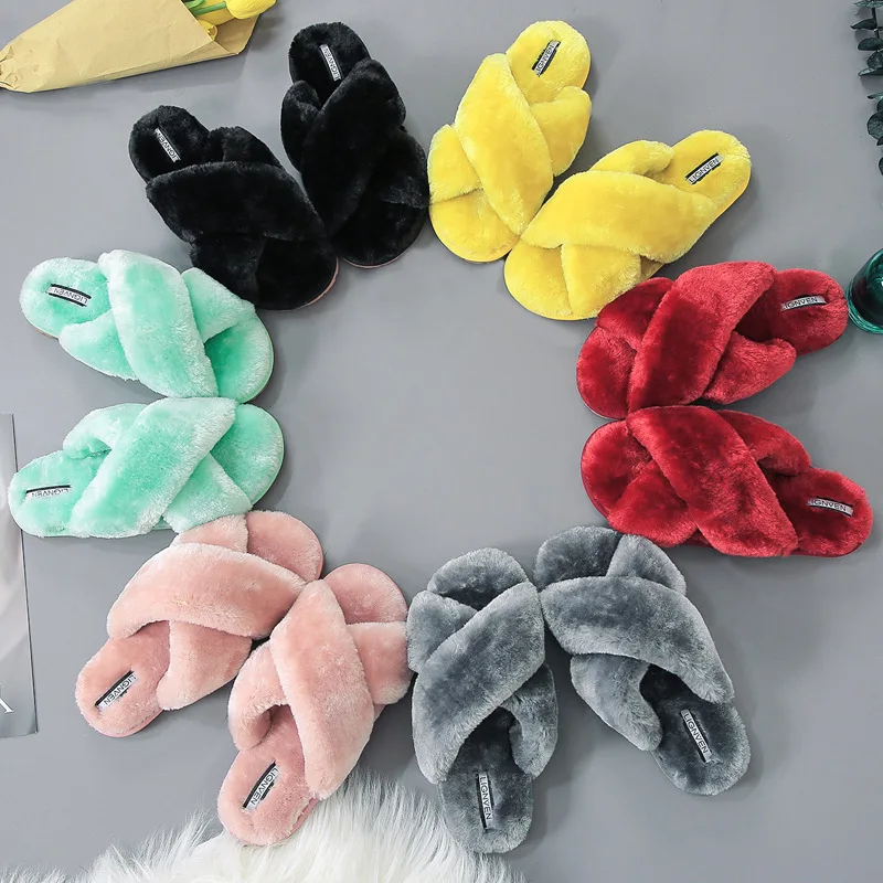 

2021 Autumn cross wool slippers women's indoor plush flat warm custom winter cotton slipper, Customized color