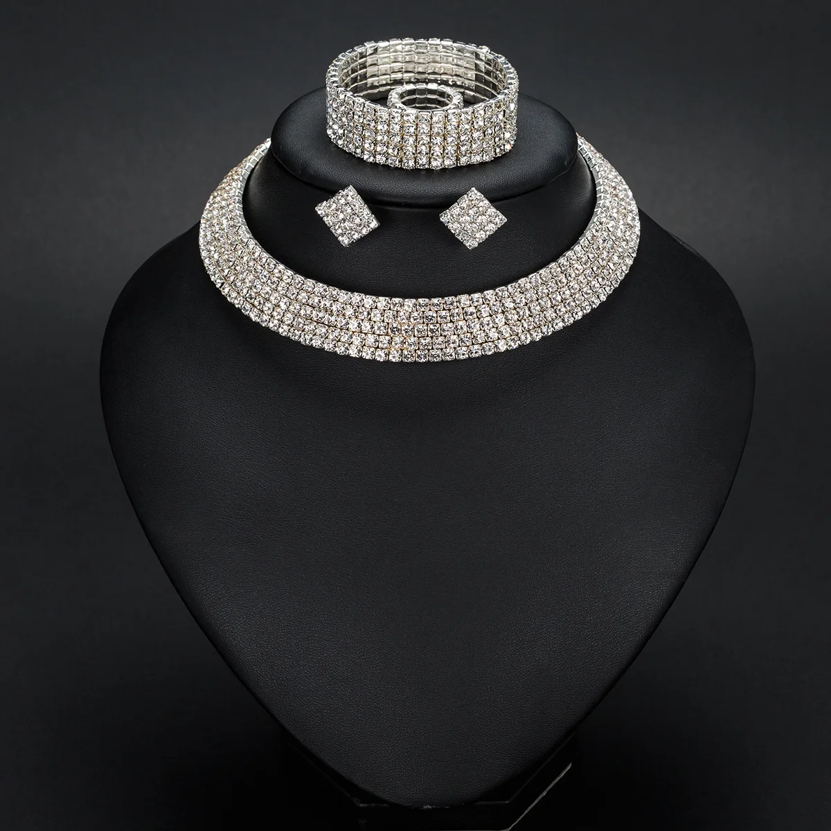 

High quality Bridal Rhinestones Jewelry Set Multi Row Choker Necklace Earrings and Bangle Set