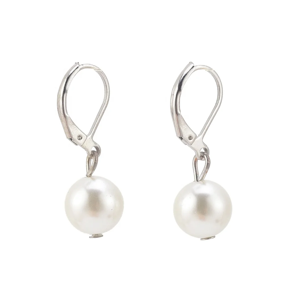 

In Stock Cheap Tiny Simple Leverback French Brass Wire Pearl Hoops Earrings, White