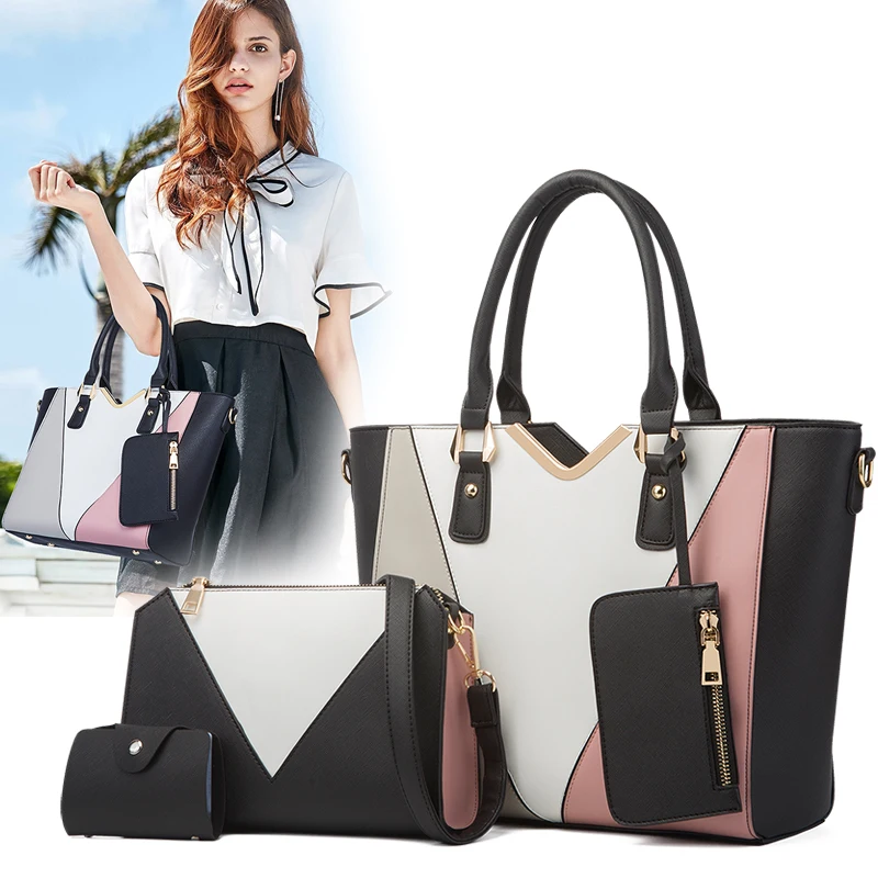 

Hot sale new ladies 4 pcs sets tote bags handbag sets 4 pieces lady hand bags for women, White, yellow, dark blue, black, brown