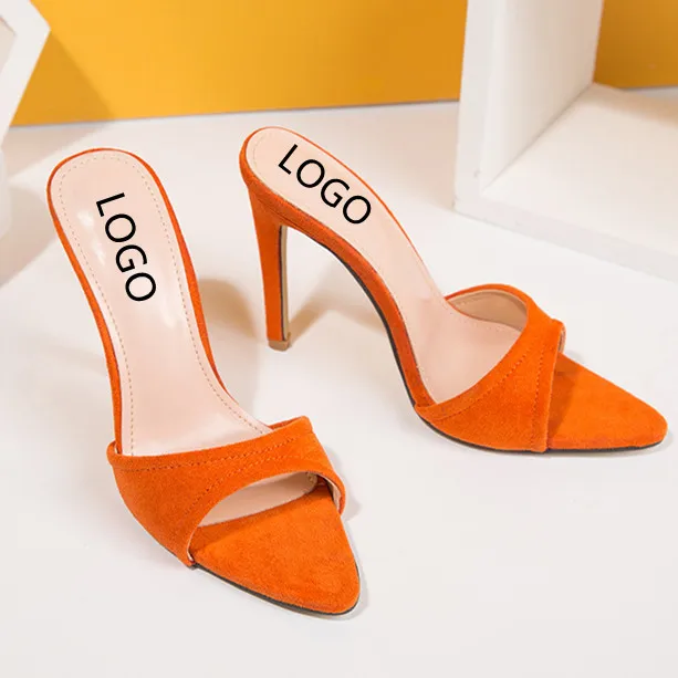 

Dropshipping fashion custom logo heel slipper pu ladies slipper stiletto heel pointed heels, Black yellow brown prange
