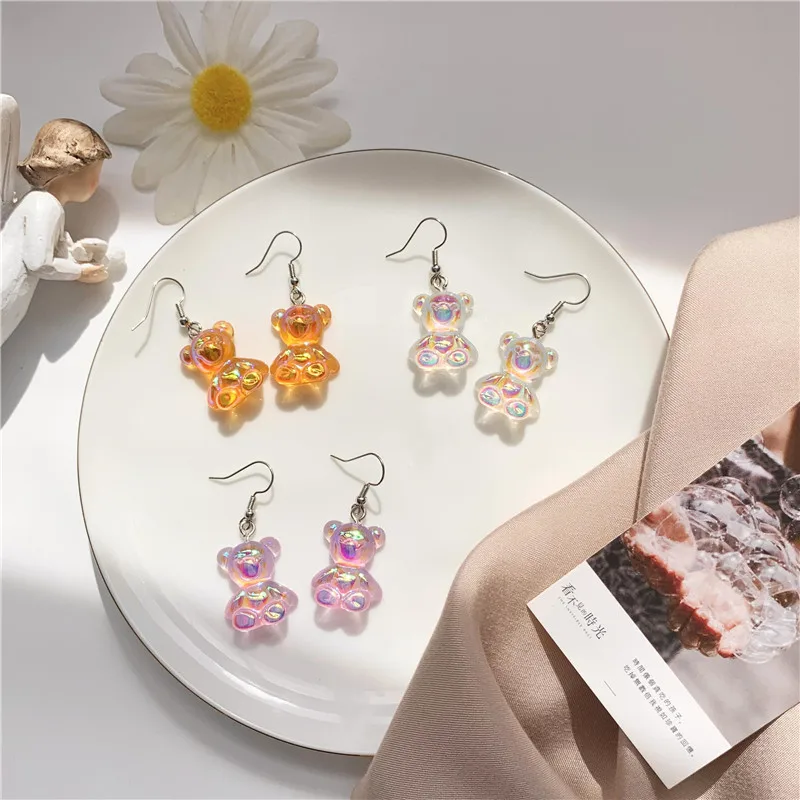 

New Sweet Pink Orange Laser Acrylic Bear Earrings Simple Cute Animal Pendant Female Gift