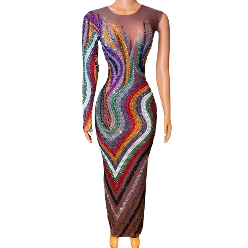 

Luxury Transparent One Shoulder Crystal Birthday Wedding Party Dress Ladies Sexy Rhinestones Long Evening Gown Women Prom Dress, Colorful