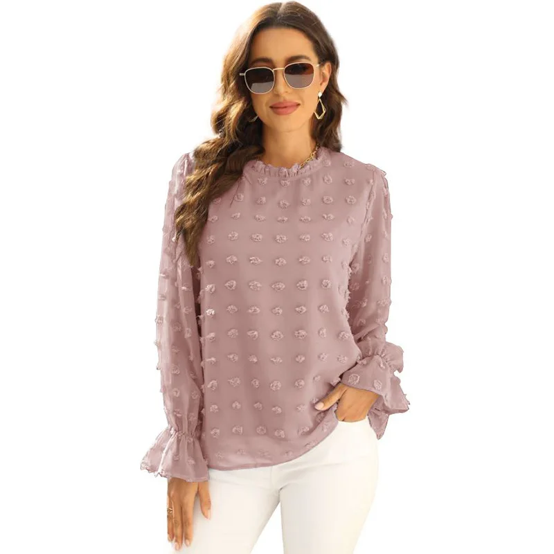 

Women Shirts Casual Ladies Fashion Tops Bubble Long-Sleeved Chiffon Jacquard Wool Ball Top
