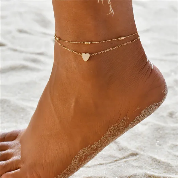 

Heart Beaded Layered Gold Chain Sandal Barefoot Foot Jewelry Silver Anklets Set For Women Beach Summer Anklet, Picture