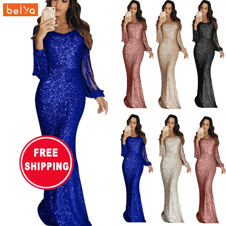 

Fashion Bling Women long-sleeved fringed prom evening dress
