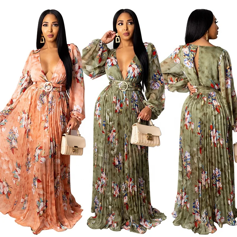 

KX-132 Hot sale summer sexy V-neck high waists floral pleated long dress long sleeve women elegant casual dresses
