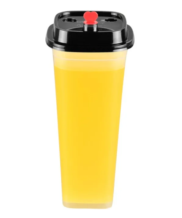 600毫升奶茶杯一次性透明果汁饮料杯带红色心塞菓奶茶塑料杯带盖