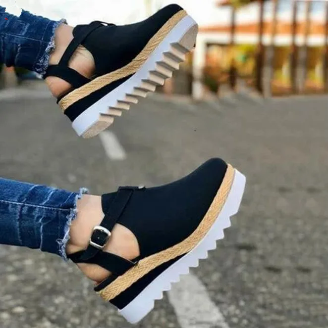 

2021 women new fashion summer high heel wedge sandals shoes suede ankle buckle outdoor shoes for ladies girls factory wholesale, Black,brown,pink