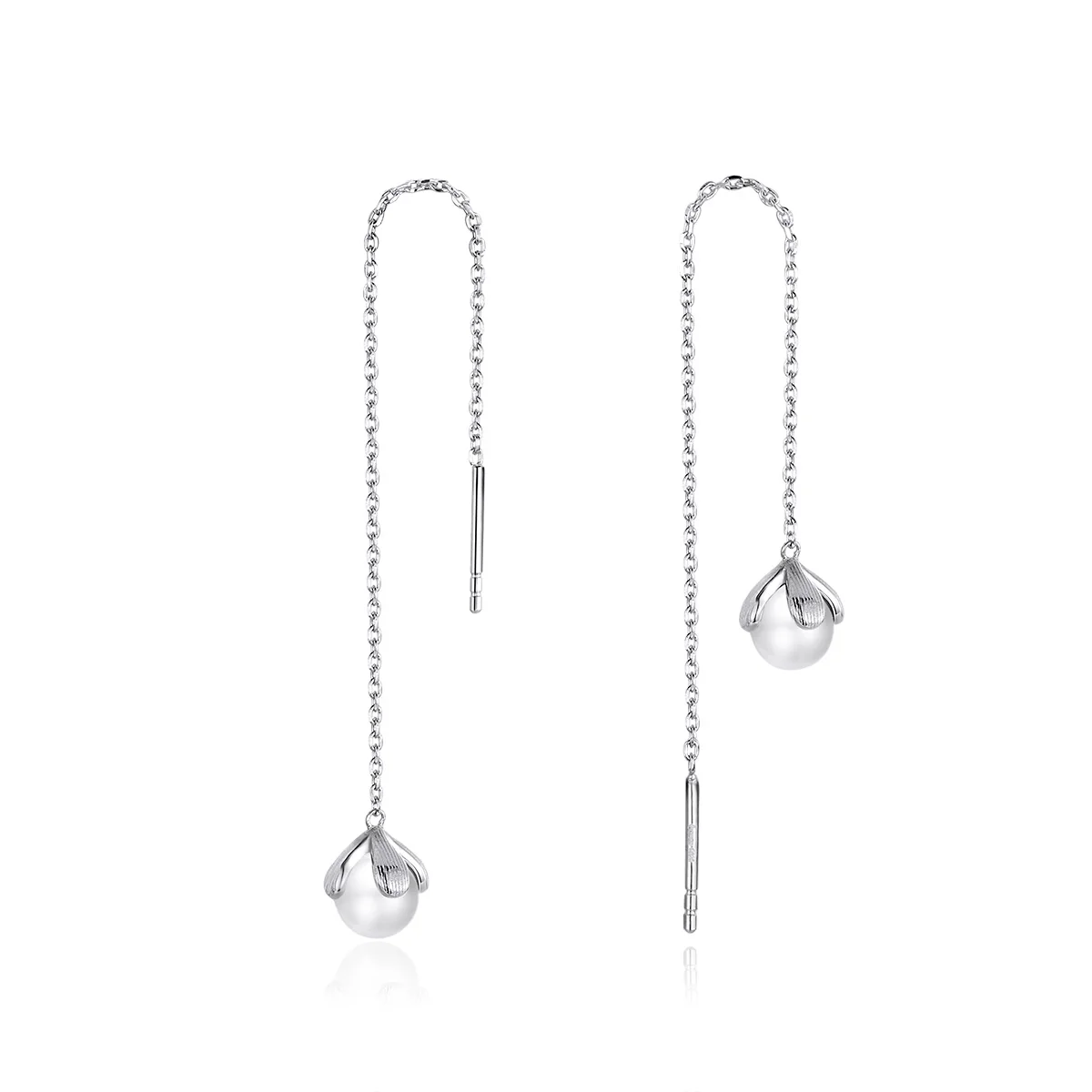 

BAMOER Genuine 925 Sterling Silver Pearl Long Chain Drop Dangle Earrings for Women Elegant Wedding Statement Jewelry BSE373