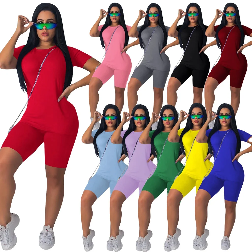 

Large size casual sports solid color round neck T-shirt shorts suit sportswear outdoor cycling clothes yoga clothing wholesale