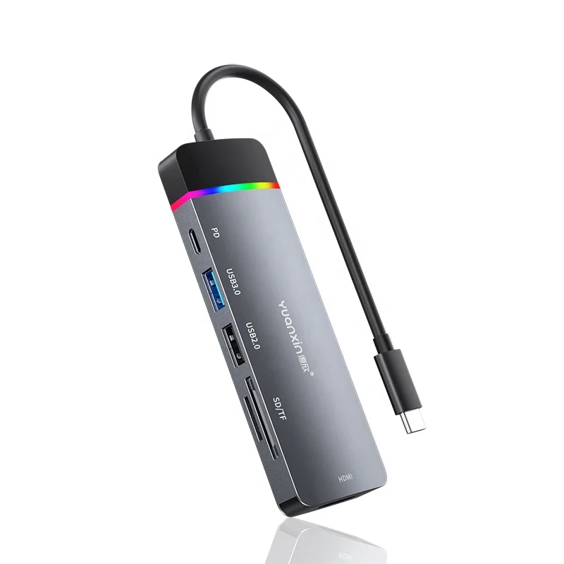 

RGB 7 color light Docking Station 6 in 1 USB-C multiport Hub, Black silver grey