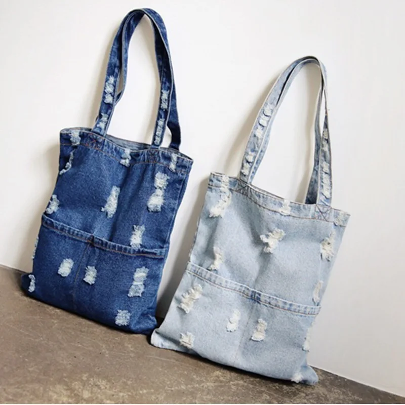 

Cheap Wholesale Fashion Ripped Denim Shoulder Bag Large Capacity Handbag Tote For Women, Blue