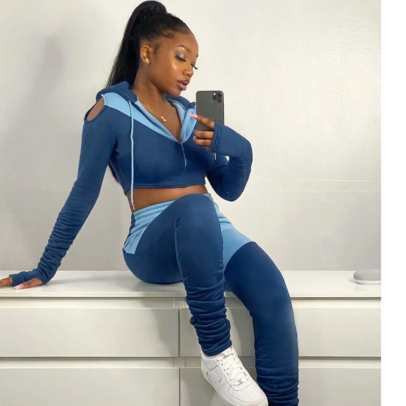 

Nibber M21S05794 2021 Autumn Lastest Design Hoodie Long Sleeves Female Streetwear Crop Sweater & Pants Set Women's Tracksuit Set, Black/brown/blue