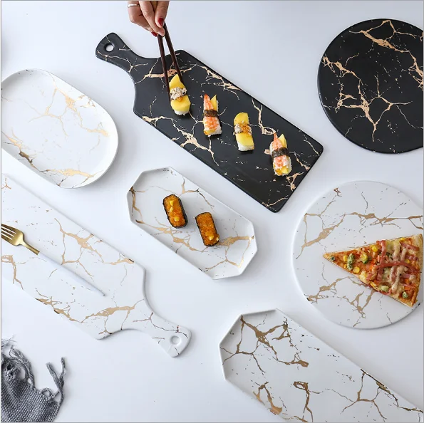 

Creative Marble Stripe Large Rectangle And Round Ceramic Pizza Plate Cookware Porcelain Sushi Tableware, As picture shows