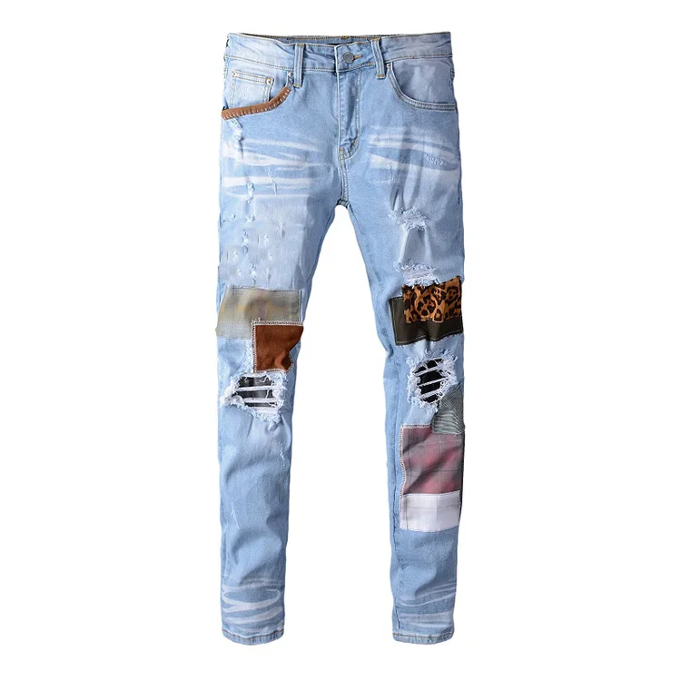 

Arimy Blue Star jeans high Street Skinny Rip Denim Men's Jeans, Picture shows