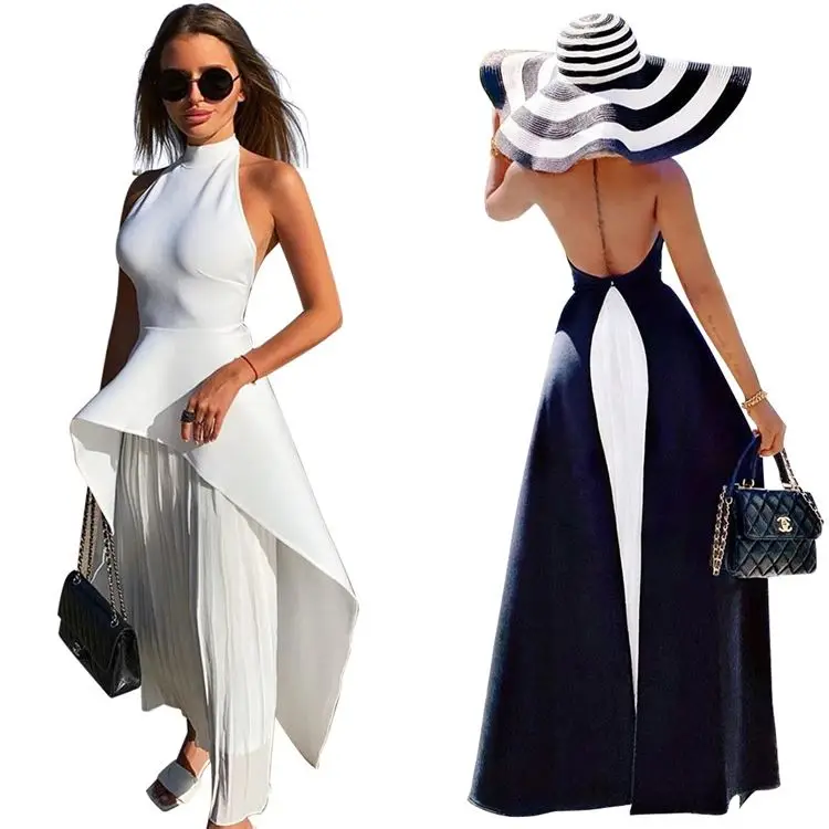 

Wholesale Fashion Sexy Backless Color Block Pleated Skirt Set Evening Party Dress Set Skirt Top Two Piece Set Women Clothing